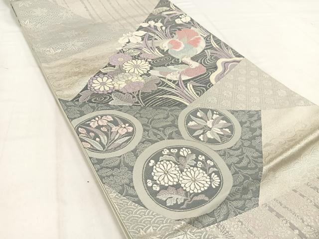 平和屋着物◎六通柄袋帯 唐織 裂取鴛鴦錦繍文 銀糸 正絹 逸品 BAAV7852yc