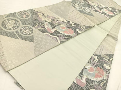 平和屋着物◎六通柄袋帯 唐織 裂取鴛鴦錦繍文 銀糸 正絹 逸品 BAAV7852yc