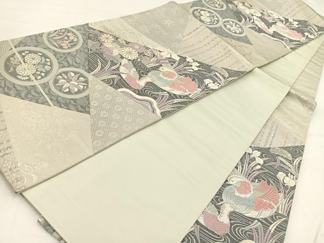 平和屋着物◎六通柄袋帯 唐織 裂取鴛鴦錦繍文 銀糸 正絹 逸品 BAAV7852yc