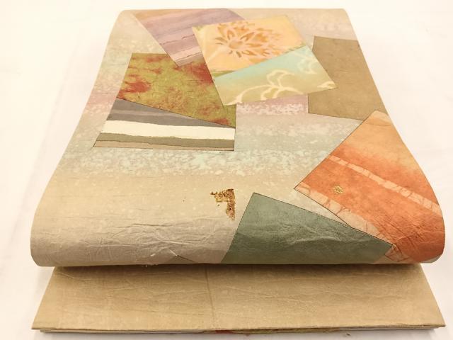 平和屋着物◎六通柄袋帯　切嵌　色紙重ね更紗花文　金彩　正絹　逸品　BAAV7884yc