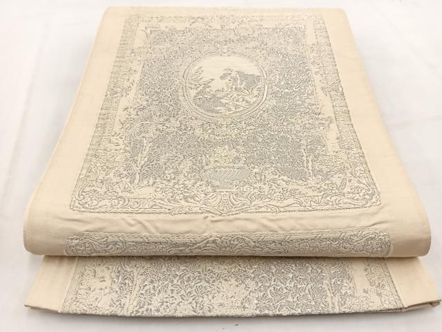 平和屋着物◎六通柄袋帯　唐織　人物風景花文　銀糸　正絹　逸品　BAAV7913yc