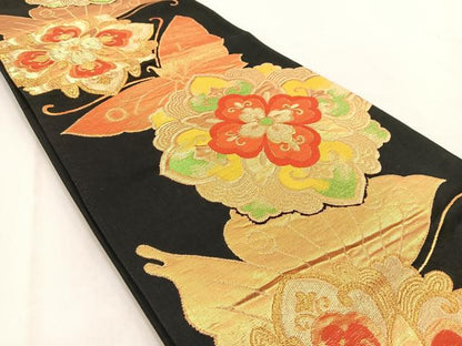 平和屋着物◎六通柄袋帯　花蝶文　黒地　金糸　正絹　逸品　BAAV7921yc