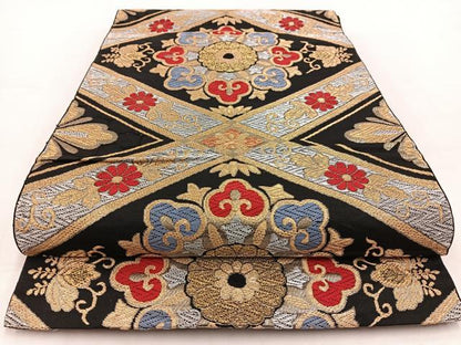 平和屋着物◎六通柄袋帯　唐織　菱天井花文　黒地　金銀糸　正絹　逸品　BAAV7941yc