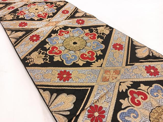 平和屋着物◎六通柄袋帯　唐織　菱天井花文　黒地　金銀糸　正絹　逸品　BAAV7941yc
