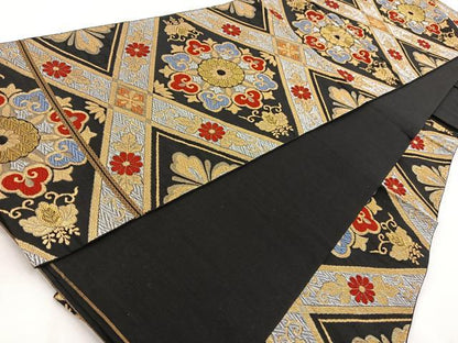 平和屋着物◎六通柄袋帯　唐織　菱天井花文　黒地　金銀糸　正絹　逸品　BAAV7941yc