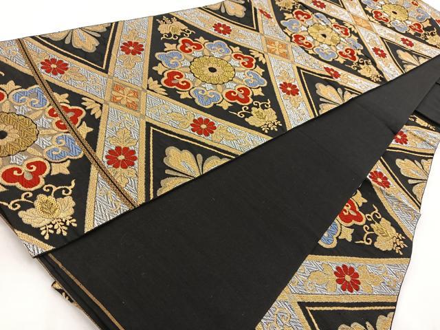平和屋着物◎六通柄袋帯　唐織　菱天井花文　黒地　金銀糸　正絹　逸品　BAAV7941yc