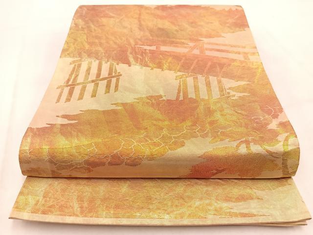 平和屋着物◎六通柄袋帯　渡り橋風景文　金糸　引箔　正絹　逸品　BAAV7968yc