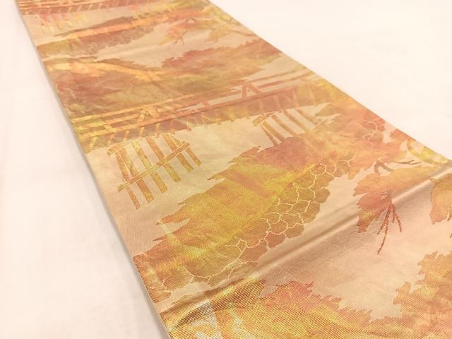 平和屋着物◎六通柄袋帯　渡り橋風景文　金糸　引箔　正絹　逸品　BAAV7968yc