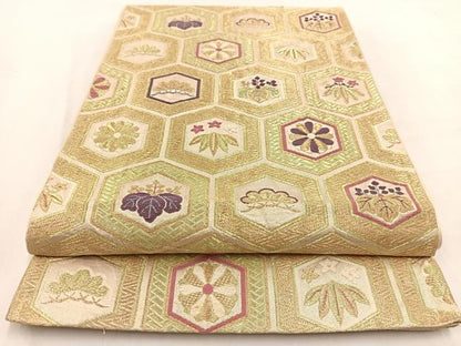 平和屋着物◎六通柄袋帯　唐織　亀甲草花文　金糸　正絹　逸品　BAAV7972yc