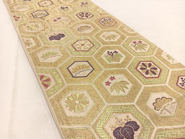 平和屋着物◎六通柄袋帯　唐織　亀甲草花文　金糸　正絹　逸品　BAAV7972yc