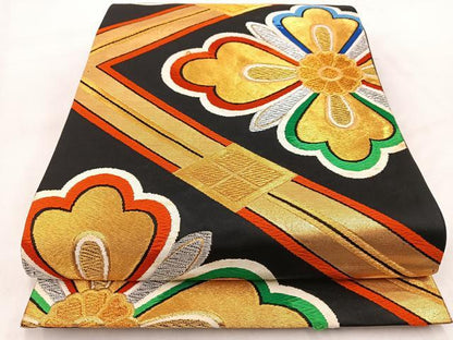 平和屋着物◎六通柄袋帯　唐織　正倉院花文　黒地　金銀糸　正絹　逸品　BAAV7975yc