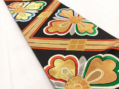 平和屋着物◎六通柄袋帯　唐織　正倉院花文　黒地　金銀糸　正絹　逸品　BAAV7975yc