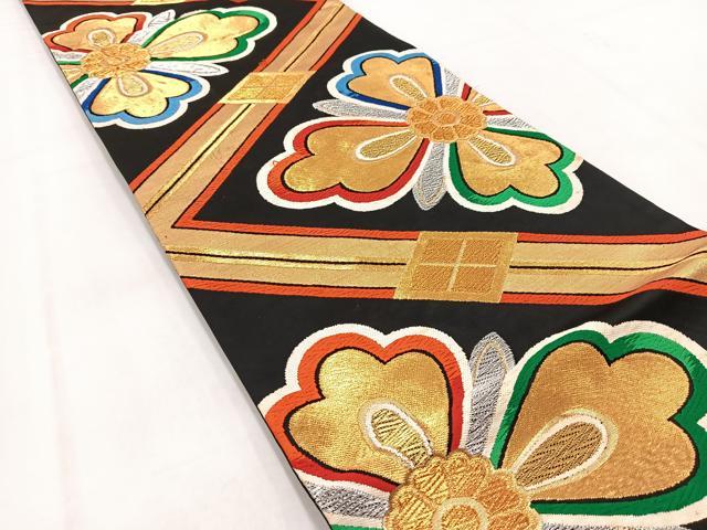 平和屋着物◎六通柄袋帯　唐織　正倉院花文　黒地　金銀糸　正絹　逸品　BAAV7975yc