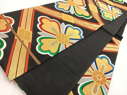 平和屋着物◎六通柄袋帯　唐織　正倉院花文　黒地　金銀糸　正絹　逸品　BAAV7975yc