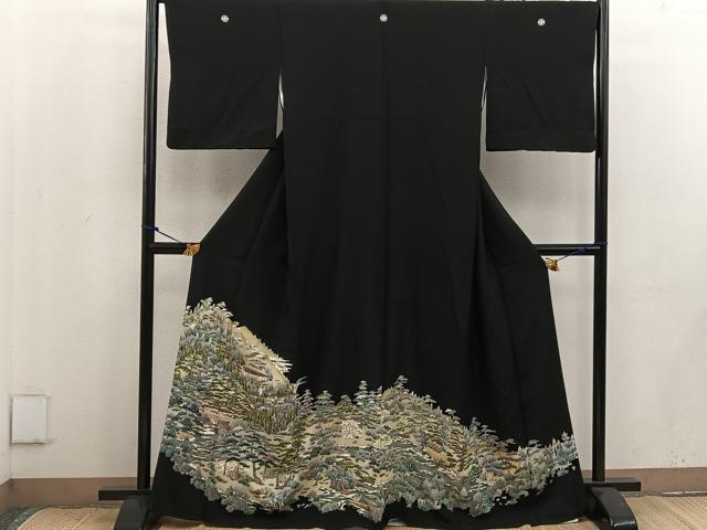 平和屋着物■豪華黒留袖 友禅 樹林風景文 正絹 逸品 BAAV8232mz