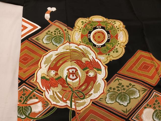 平和屋着物□豪華黒留袖 駒刺繍 鳳凰花文 金彩 正絹 逸品 未