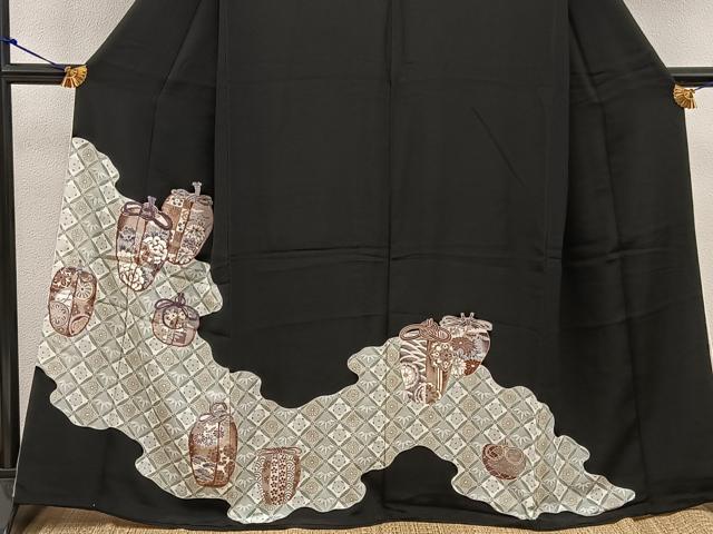 平和屋着物■豪華黒留袖　刺繍　陶器花文　正絹　逸品　BAAV8357mz