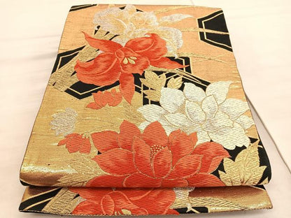 平和屋着物◎六通柄袋帯　唐織　カトレア亀甲花文　黒地　金銀糸　正絹　逸品　BAAV8415hv