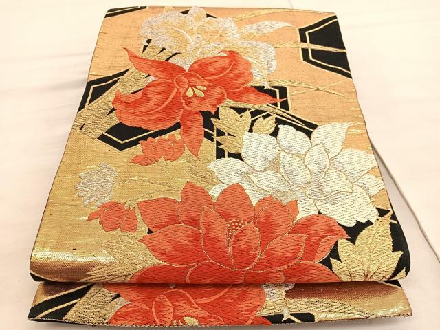 平和屋着物◎六通柄袋帯　唐織　カトレア亀甲花文　黒地　金銀糸　正絹　逸品　BAAV8415hv