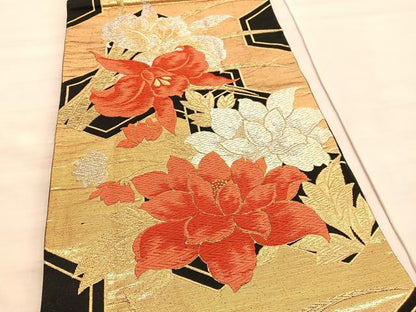 平和屋着物◎六通柄袋帯　唐織　カトレア亀甲花文　黒地　金銀糸　正絹　逸品　BAAV8415hv