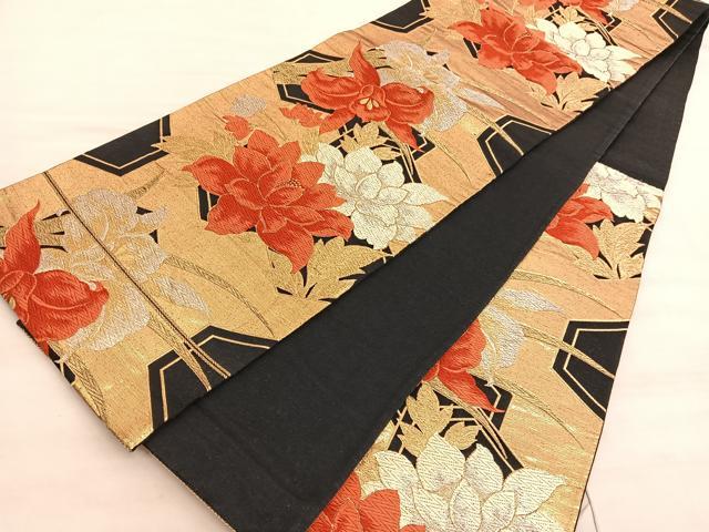 平和屋着物◎六通柄袋帯　唐織　カトレア亀甲花文　黒地　金銀糸　正絹　逸品　BAAV8415hv