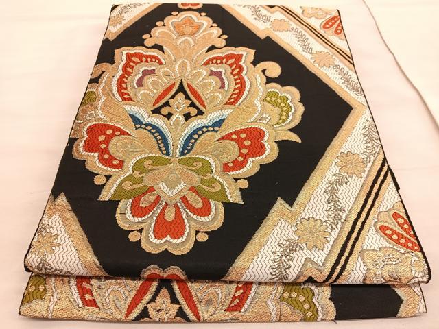 平和屋着物◎六通柄　本袋帯　唐織　飾花菱文　黒地　金糸　正絹　逸品　BAAV8440hv