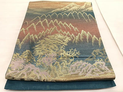 平和屋着物◎六通柄袋帯　遠山風景文　金糸　正絹　逸品　BAAV8444hv