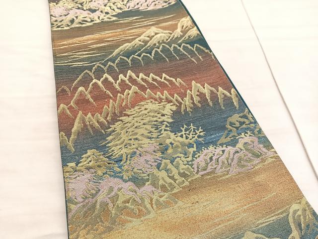 平和屋着物◎六通柄袋帯　遠山風景文　金糸　正絹　逸品　BAAV8444hv