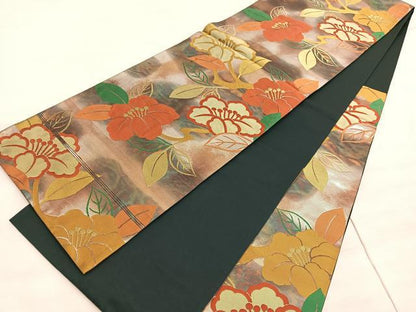 平和屋着物◎六通柄袋帯 椿 金糸 引箔 正絹 逸品 BAAV8448hv