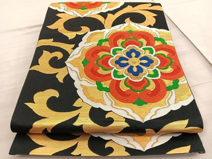 平和屋着物◎六通柄袋帯 唐織 宝相華唐草文 黒地 金糸 正絹 逸品 BAAV8464hv