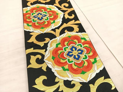 平和屋着物◎六通柄袋帯 唐織 宝相華唐草文 黒地 金糸 正絹 逸品 BAAV8464hv