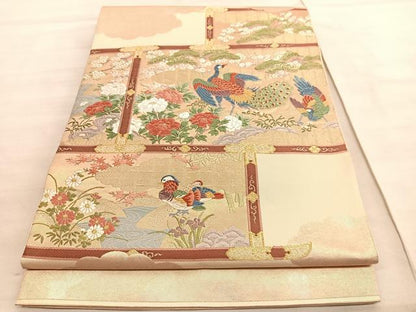 平和屋着物◎太鼓柄袋帯　唐織　孔雀鴛鴦松竹梅　金糸　引箔　正絹　逸品　BAAV8488hv