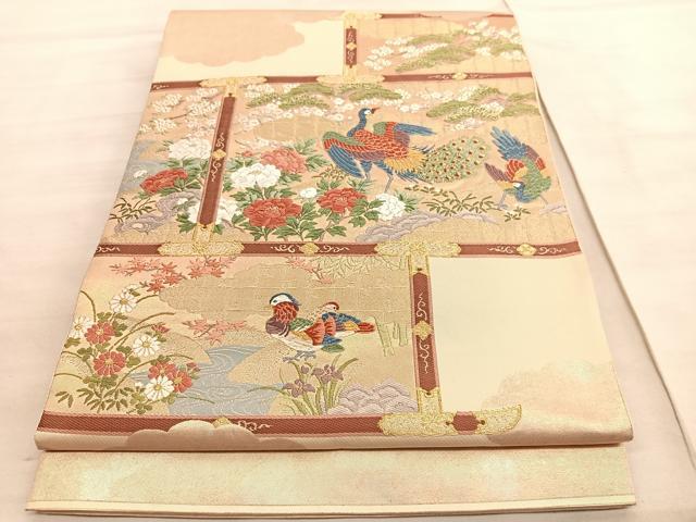 平和屋着物◎太鼓柄袋帯　唐織　孔雀鴛鴦松竹梅　金糸　引箔　正絹　逸品　BAAV8488hv