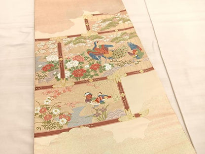 平和屋着物◎太鼓柄袋帯　唐織　孔雀鴛鴦松竹梅　金糸　引箔　正絹　逸品　BAAV8488hv