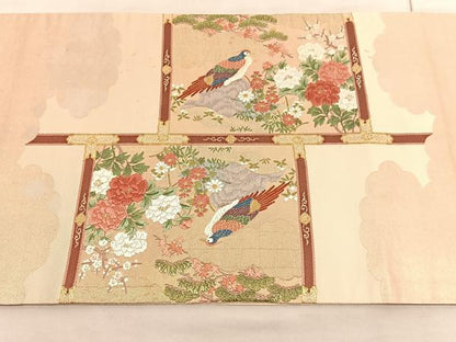 平和屋着物◎太鼓柄袋帯　唐織　孔雀鴛鴦松竹梅　金糸　引箔　正絹　逸品　BAAV8488hv