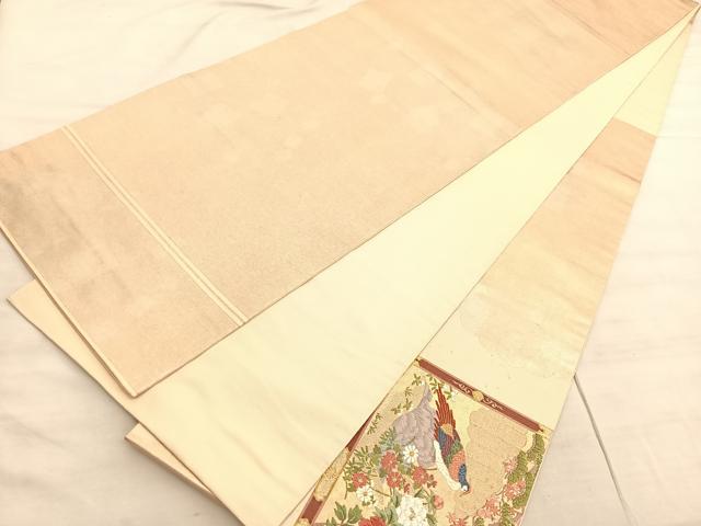 平和屋着物◎太鼓柄袋帯　唐織　孔雀鴛鴦松竹梅　金糸　引箔　正絹　逸品　BAAV8488hv