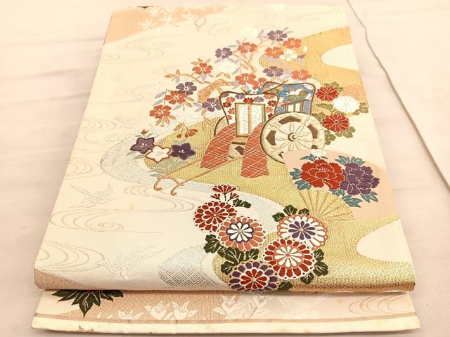 平和屋着物◎六通柄袋帯　唐織　都つづれ　流水御所車花鳥文　金銀糸　正絹　逸品　BAAV8501hv
