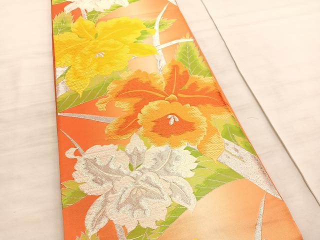 平和屋着物◎六通柄袋帯　唐織　カトレア　銀糸　正絹　逸品　BAAV8509hv