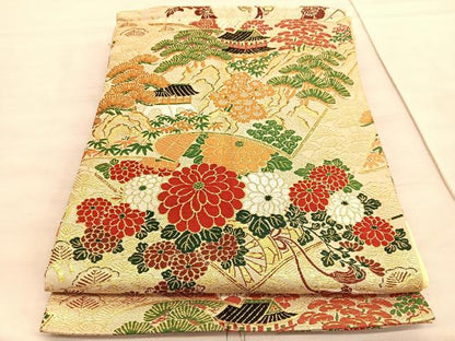 平和屋着物◎全通柄袋帯　唐織　冊子風景花文　金糸　正絹　逸品　BAAV8514hv