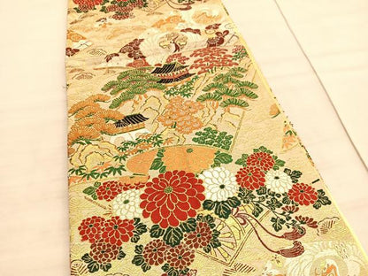 平和屋着物◎全通柄袋帯　唐織　冊子風景花文　金糸　正絹　逸品　BAAV8514hv