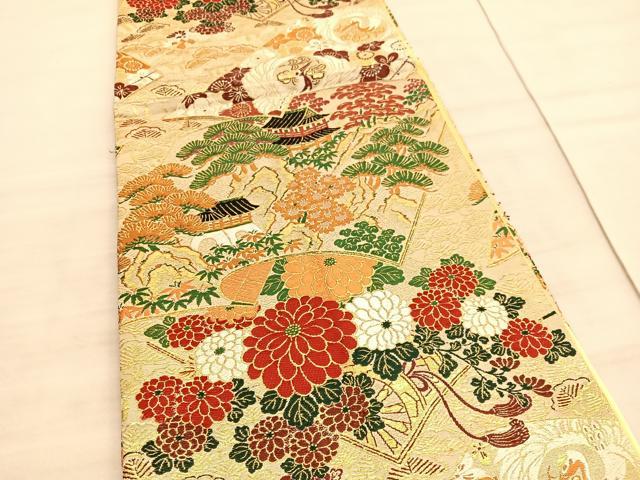平和屋着物◎全通柄袋帯　唐織　冊子風景花文　金糸　正絹　逸品　BAAV8514hv
