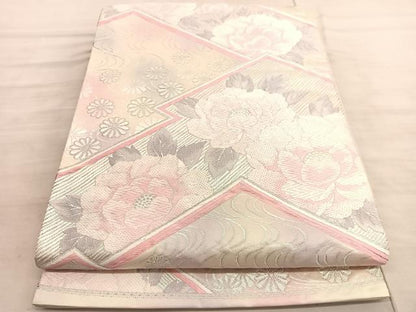 平和屋着物◎六通柄袋帯 唐織 松皮菱牡丹花文 銀糸 正絹 逸品 BAAV8521hv