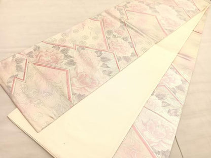平和屋着物◎六通柄袋帯 唐織 松皮菱牡丹花文 銀糸 正絹 逸品 BAAV8521hv