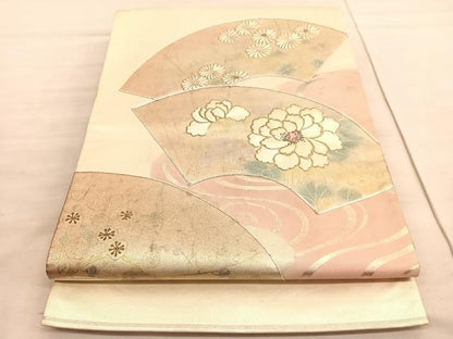 平和屋着物◎太鼓柄袋帯　駒刺繍　地紙牡丹花文　金銀彩　引箔　正絹　逸品　BAAV8550hv