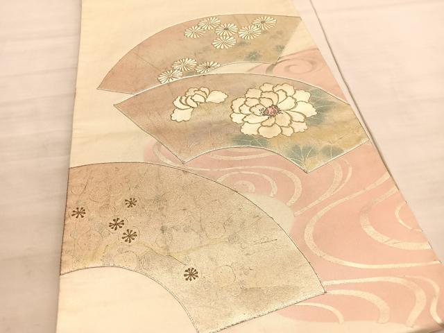 平和屋着物◎太鼓柄袋帯　駒刺繍　地紙牡丹花文　金銀彩　引箔　正絹　逸品　BAAV8550hv