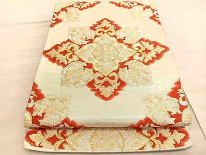 平和屋着物◎六通柄袋帯　駒刺繍　花菱文　金銀糸　正絹　逸品　BAAV8574hv
