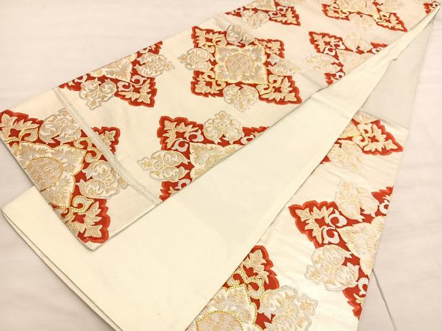 平和屋着物◎六通柄袋帯　駒刺繍　花菱文　金銀糸　正絹　逸品　BAAV8574hv