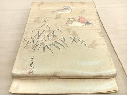 平和屋着物◎太鼓柄袋帯　唐織　作家物　鴛鴦　金糸　引箔　正絹　逸品　BAAV8576hv