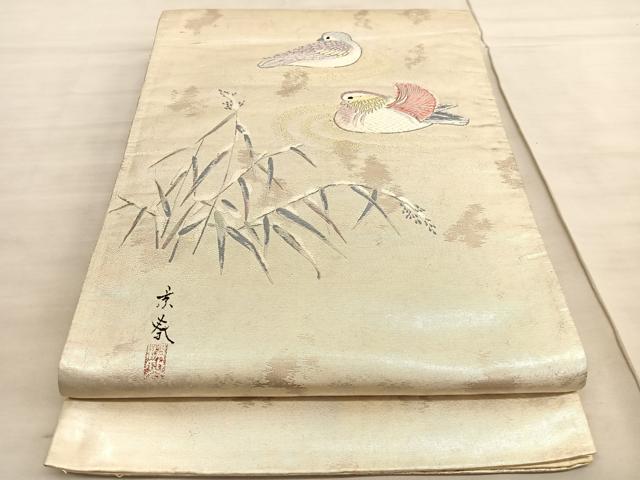 平和屋着物◎太鼓柄袋帯　唐織　作家物　鴛鴦　金糸　引箔　正絹　逸品　BAAV8576hv