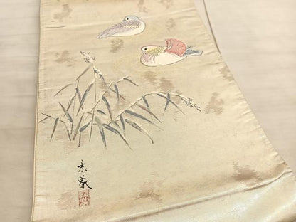 平和屋着物◎太鼓柄袋帯　唐織　作家物　鴛鴦　金糸　引箔　正絹　逸品　BAAV8576hv